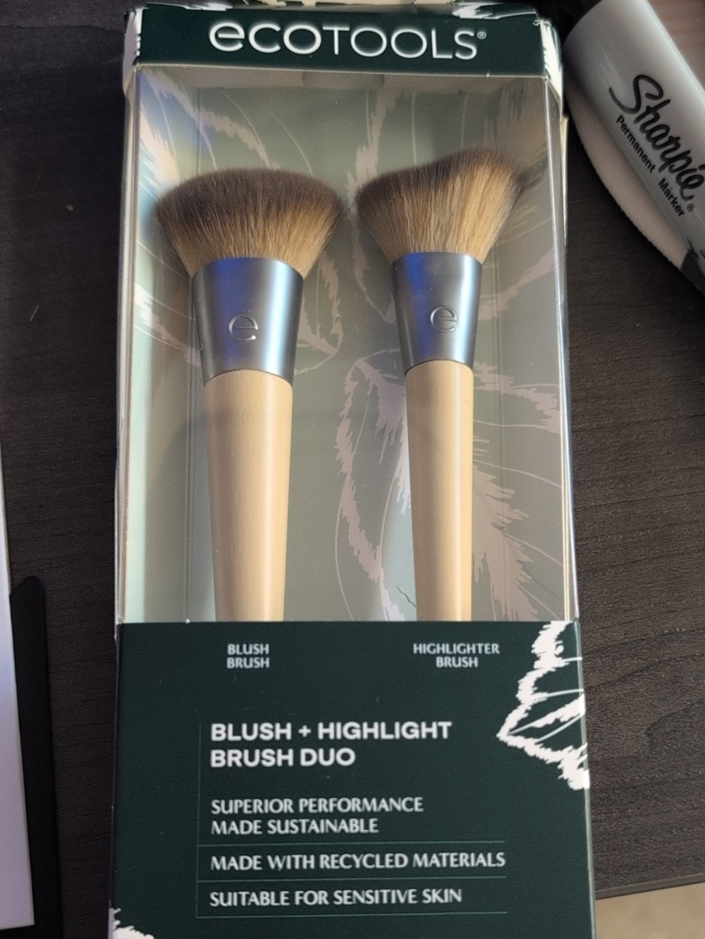 ecotools Blush & Highlighter Brush Duo in Beige with Silver Ferrules